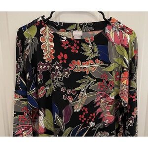 Chicos 00 Top Womens XXS (0-2) Black Tropical Leaves Cruisewear Beach Stretch